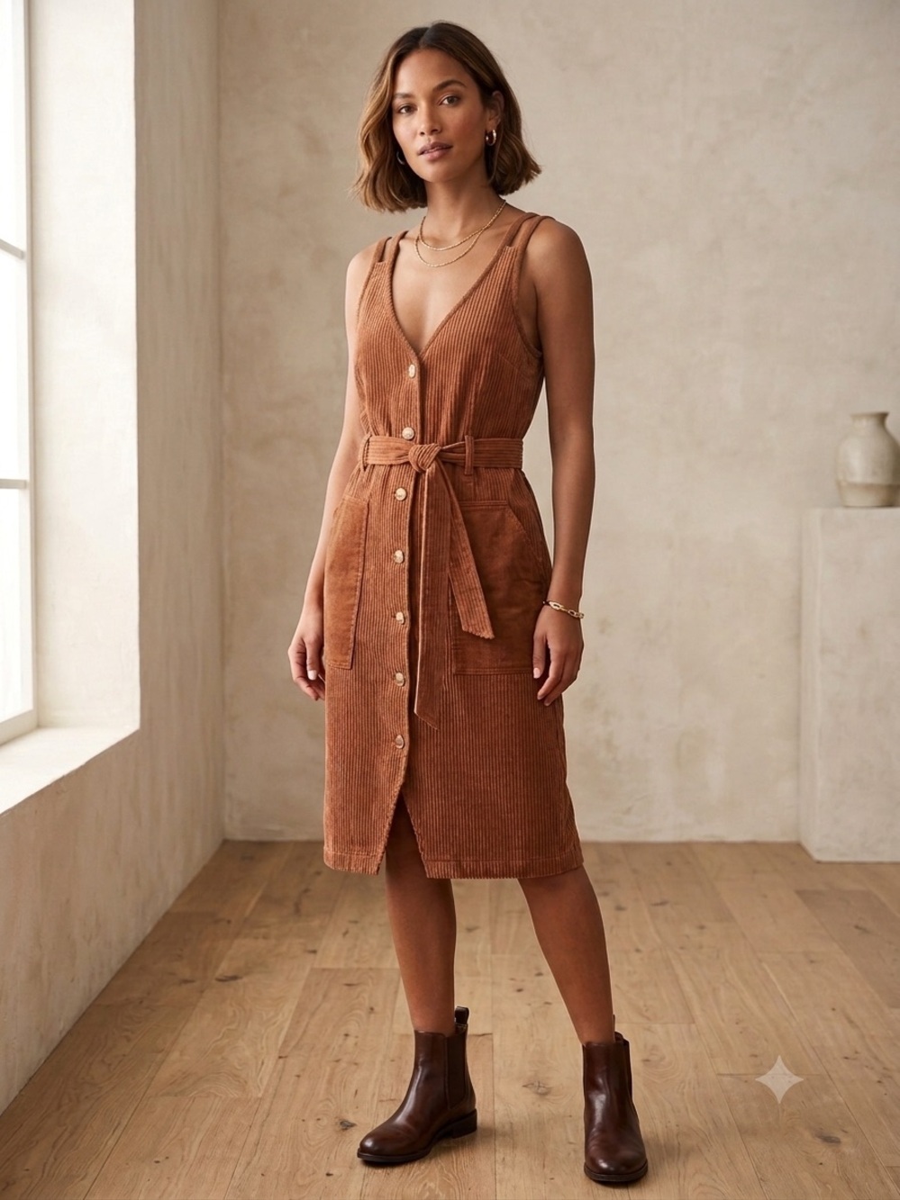 OAT Corduroy Button Front Granola Girl Boho Midi Dress Medium. Tie Wais